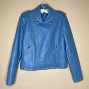 womens Sz M Faux Leather Moto Jacket Blue.