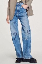 Sandro Patty Embroidered Hearts High-Rise Straight-Leg Jeans Size FR 36 (US 4)