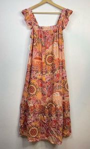 Flowy Paisley Boho Summer Long Midi Flutter Sleeve Dress womens M new