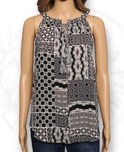 Rose & Olive Geometric Print Sleeveless Tassel Tie Blouse Cream Black Size M