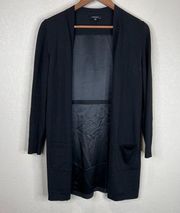 Lafayette 148 Womens Long Cardigan Size Small Black Open Front Wool Silk Sweater