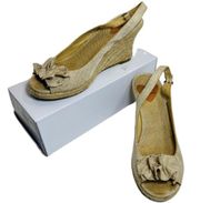 Rocket Dog Heeled Tan Canvas Burlap Bow Slingback Peep Toe Espadrilles Size 8