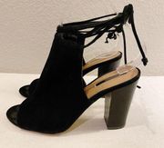 TAHARI Black Suede MEG Ankle Wrap PeepToe Heeled Bootie Size 7.