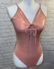 LA HEARTS/PACSUN Bodysuit Metallic Pink Lace Front-Medium