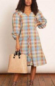 💕GANNI💕 Seersucker Check Dress ~ Midi Tent Plaid Picnic Balloon Sleeve Size 40