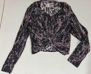 H&M Divided Black Purple Tie Dye Splatter Twist-Front Button-Down Collared Crop Top Shirt Blouse Size 12 🖤💜⛓