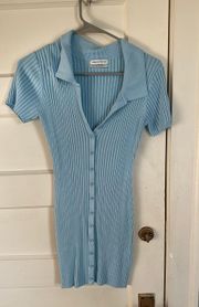 Dress Womens Blue Ribbed Button Up Collared Bodycon