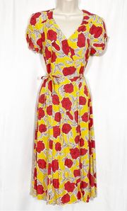 & Other Stories Floral Printed Wrap Midi Dress: Rose Print Mustard Yellow Red