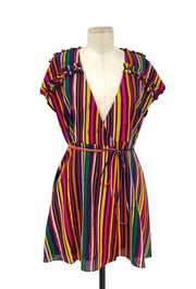 Tularosa Maud Wrap Dress Cherry Red Multi Rainbow Stripe Size Medium