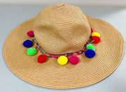 Tan Neon Pom-Pom Straw Beach Sun Summer Floppy Hat Cap Size M/L 👒