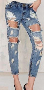 One Teaspoon Trashed FreeBirds Distressed Relaxed Fit Zipper Jeans: Vintage Blue