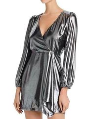 French Connection Silver Metallic Drape Faux Wrap Mini Dress Long Sleeves size 4