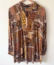 Jane and Delancey Sz M Tan Brown Boho Print Oversized Button Down Shirt Tunic