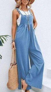 Blue Button-Strap Pocket Wide-Leg Sleeveless Jumpsuit XL #1919-D3