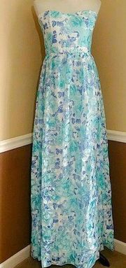 NEW Minuet Blue & White Floral Strapless Modcloth Maxi Dress Size Large