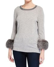 Neiman Marcus Cashmere Collection
Embellished Crewneck Fur-Cuff Cashmere Sweater