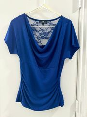 I.N. San Francisco Vintage Style  Y2k Inspired Royal Blue Cowl Neck Ruched Lace Top- Size Medium