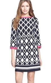 White Black Hot Pink Geo Print 3/4 Sleeve Shift Dress Size 12