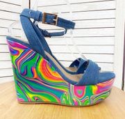 Rouge Helium Denim Neon Tie Dye Strappy Platform Wedge Shoes Blue Multi 8.5