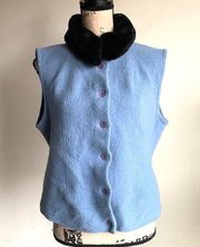 Talbots Faux Fur Collar Baby Blue Wool Sleeveless Vest