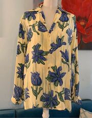 Equipment yellow/ blue floral print 100% silk shirt top Size S Small