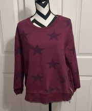 SUNDRY Maroon Crewneck Star Print Pullover Sweatshirt