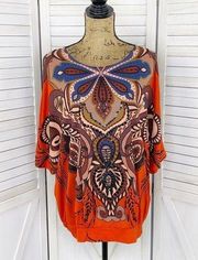 Peck & Peck Damask Print Sequin Embellished Dolman Sleeve Top Orange Medium