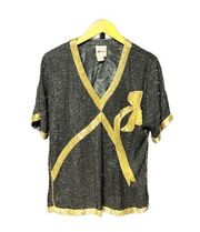 Leslie Fay vintage silk beaded blouse black gold bow design rare medium