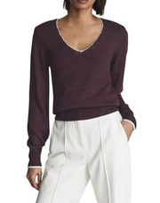 Reiss Talia Burgundy Contrast Trim V-neck Pullover Sweater Women's XL NWT