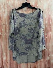 Cable & Gauge Gray Boatneck Purple Floral Grommet Split Sleeve Sweater