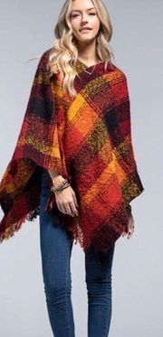 Pumpkin Spice Boucle V-Neck Yarn Plaid Pancho Shawl Fringe Brand New