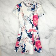 DKNY Floral High Neck Scuba Fit & Flare Short Sleeved Knee Length Midi Dress 2