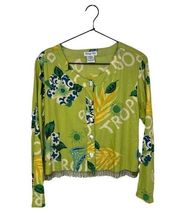 Mango Bay Green Tropical Beaded Fringe Button Up Blouse Medium