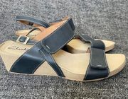 Clarks Alto Disco Sandals Navy Blue Leather Wedge Heel Women’s Size 11