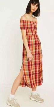 Urban Outfitters Monica Plaid Smocked Off-The-Shoulder Midi Dress Sz XS