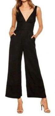 BARDOT Wide Leg Linen Blend V- Neck Cropped Jumpsuit, Black, Size M/8