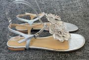 NEW Talbots Keri Nappa Leather Flower Sandals Metallic Silver Women’s Size 8.5