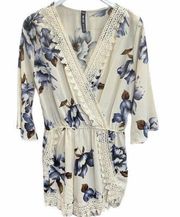 Design Lab Romper Cream Blue Size L Shorts Floral Lace V Neck Half Sleeve