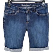 Eddie Bauer SZ 8 Slightly Curvy Bermuda Jean Shorts Cuffed Stretch Low-Rise Blue