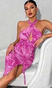 Iris Pink Abstract Print Ruched Side Split Halter Neck Dress Size Small​…