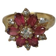 Vintage 925 CZ Simulated ruby cluster 7.75 flower style thick band cocktail ring