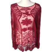 Blair Red Mesh Floral Embroidered Long Sleeve Boho Blouse