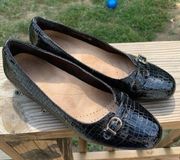 Clarks Black Patent Leather Crocodile Look Work Loafers Buckle Womens 8.5
