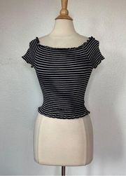 Striped Lettuce Hem Off The Shoulder Smocked Crop Top