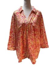 Pink, Orange & Yellow Floral Print Button Down 3/4 Sleeve Shirt Size 2X