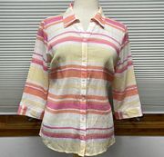 Christopher & Banks NWT Yellow Pink Orange Striped Button Down 3/4 Sleeve Top
