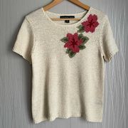 Josephine Chaus Knit Sweater Short Sleeve Cream Floral Detail Size Medium