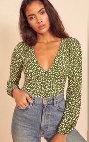 Reformation long sleeve button down top green white polka dot size small Nell