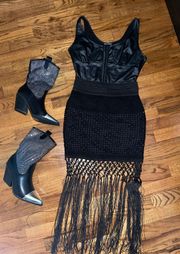 Black Fringe Crochet Midi Skirt