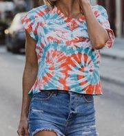 Grunt Style Tie Dye Blue/Orange Boxy Cropped Tee Shirt